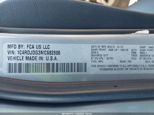 43597215 :رقم المزاد ، 1C4RDJDG3MC682806 vin ، 2021 Dodge Durango Gt Plus Awd مزاد بيع