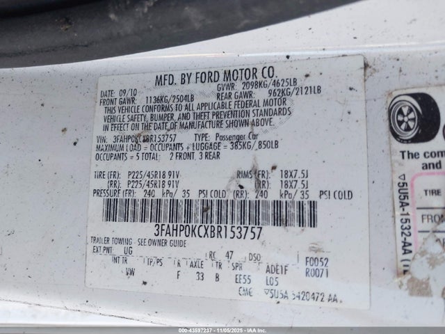 43597237 :رقم المزاد ، 3FAHP0KCXBR153757 vin ، 2011 Ford Fusion Sport مزاد بيع