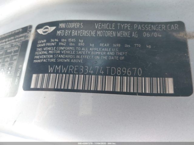 2004 MINI COOPER S WMWRE33474TD89670 Photo 8