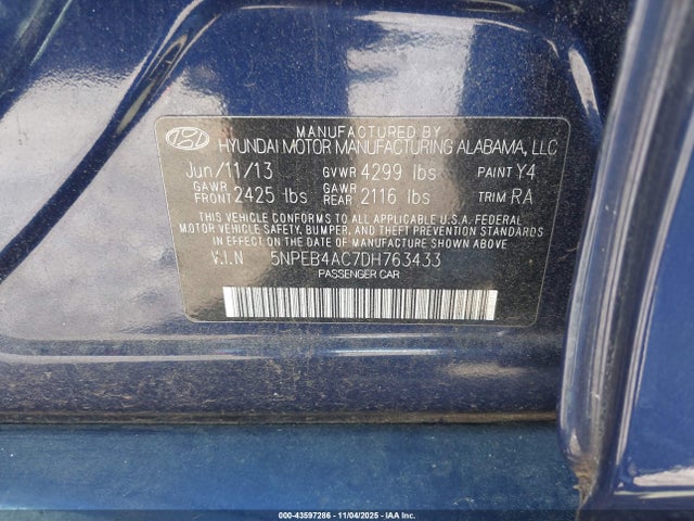 Aukcja sprzedaży 2013 Hyundai Sonata Gls, vin: 5NPEB4AC7DH763433, numer aukcji: 43597286