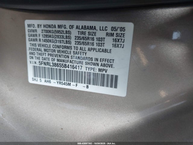 2005 HONDA ODYSSEY 5FNRL38655B416417 Photo 8