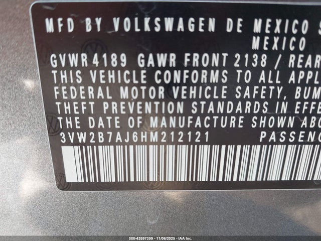 43597399 :رقم المزاد ، 3VW2B7AJ6HM212121 vin ، 2017 Volkswagen Jetta 1.4t S مزاد بيع