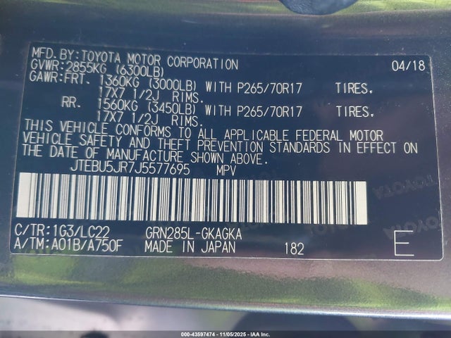 JTEBU5JR7J5577695 Toyota 4runner Trd Off Road Premium