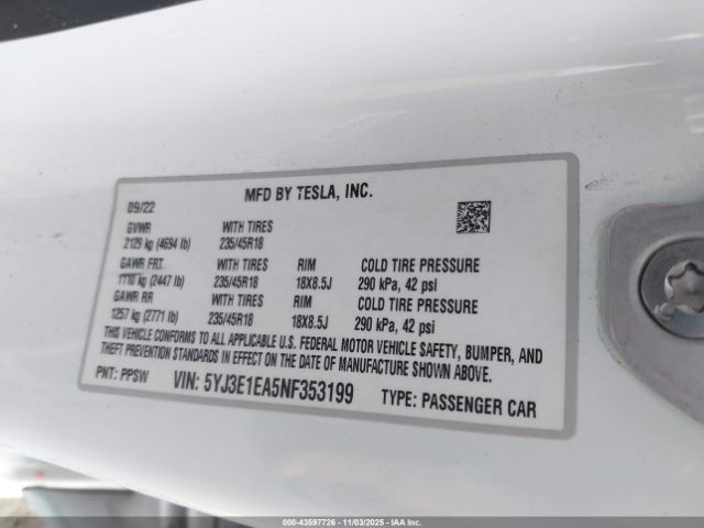 2022 TESLA MODEL 3 5YJ3E1EA5NF353199 Photo 8