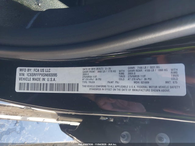 2025 Ram 1500 Big Horn  4x4 5'7 Box მანქანა იყიდება აუქციონზე, vin: 1C6SRFFPXSN693095, აუქციონის ნომერი: 43597836