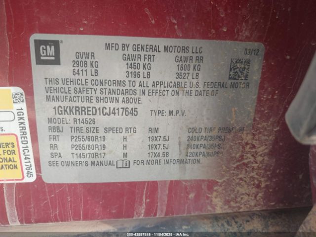 2012 GMC ACADIA 1GKKRRED1CJ417645 Photo 8