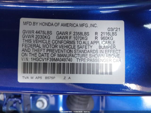 2021 HONDA ACCORD 1HGCV1F39MA049740 Photo 8