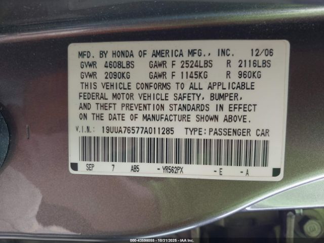 2007 ACURA TL 19UUA76577A011285 Photo 8