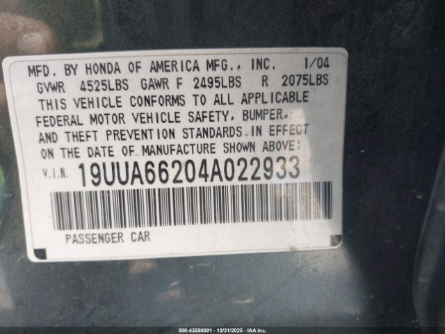 2004 ACURA TL 19UUA66204A022933 Photo 8