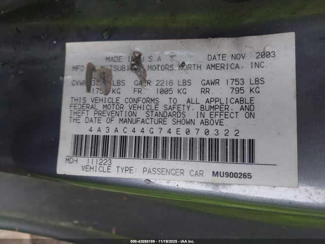 2004 MITSUBISHI ECLIPSE 4A3AC44G74E070322 Photo 8