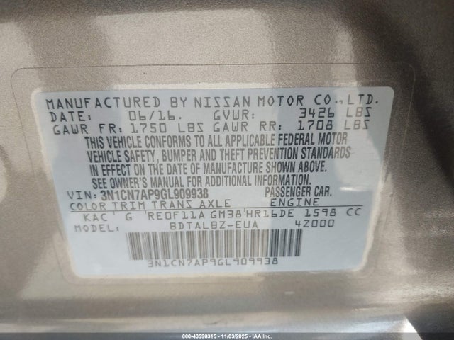 3N1CN7AP9GL909938 Nissan Versa 1.6 Sv