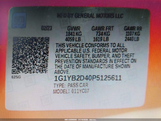 1G1YB2D40P5125611 Chevrolet Corvette Stingray Rwd 2lt