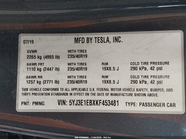 2019 TESLA MODEL 3 5YJ3E1EBXKF453481 Photo 8