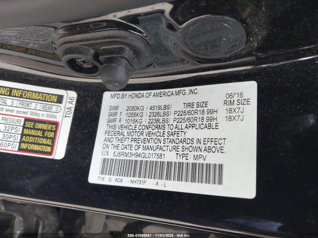 Honda Cr-v Touring 2016 5J6RM3H94GL017581 Image 9