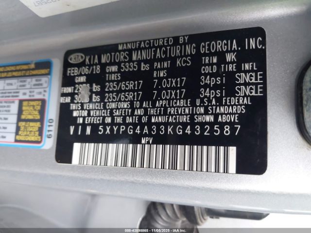 2019 KIA SORENTO 5XYPG4A33KG432587 Photo 8