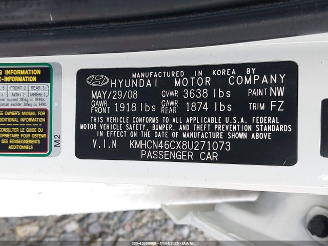 Продаж на аукціоні авто 2008 Hyundai Accent Gls, vin: KMHCN46CX8U271073, номер лоту: 43598868