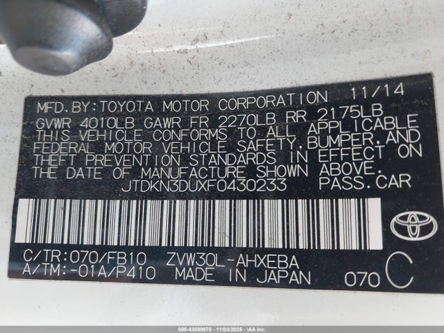 JTDKN3DUXF0430233 Toyota Prius