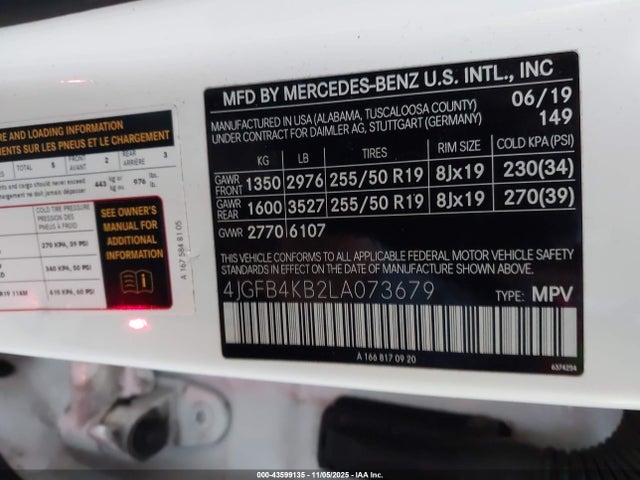 Aukcja sprzedaży 2020 Mercedes-benz Gle 350 4matic, vin: 4JGFB4KB2LA073679, numer aukcji: 43599135