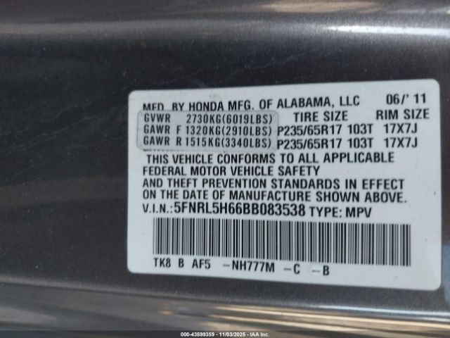 2011 HONDA ODYSSEY 5FNRL5H66BB083538 Photo 8