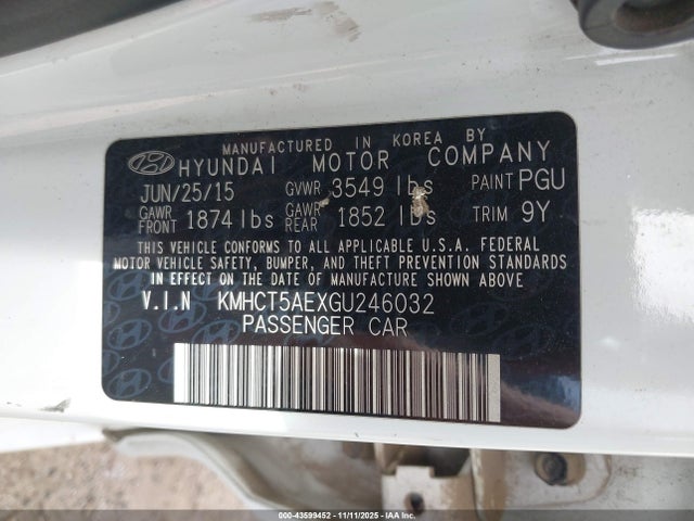 KMHCT5AEXGU246032 Hyundai ACCENT SE
