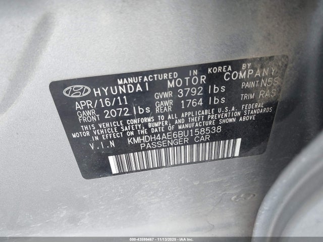 Aukcja sprzedaży 2011 Hyundai Elantra Gls (ulsan Plant), vin: KMHDH4AE6BU158538, numer aukcji: 43599467