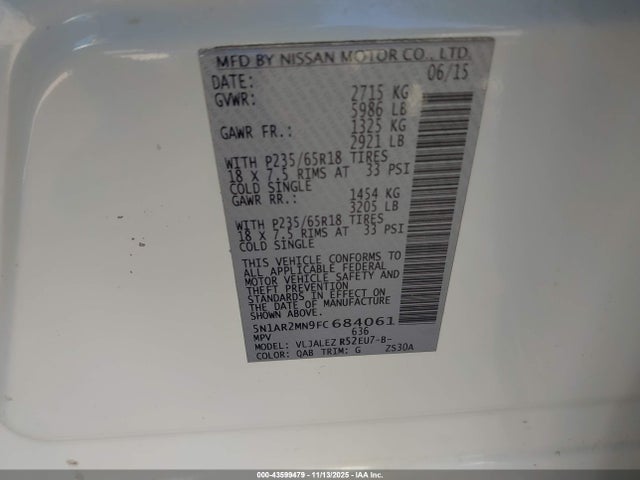 Nissan Pathfinder Sv 2015 5N1AR2MN9FC684061 Image 9