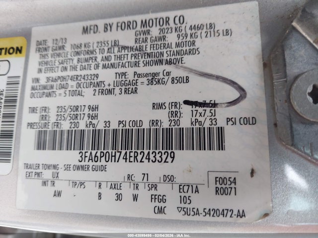 Ford FUSION SE 2014 3FA6P0H74ER243329 Image 9