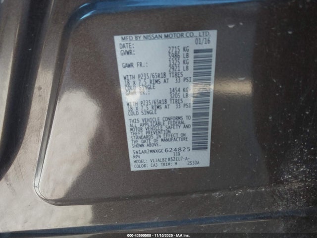 5N1AR2MNXGC624825 Nissan Pathfinder S