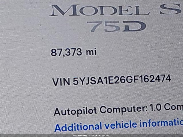 43599547 :رقم المزاد ، 5YJSA1E26GF162474 vin ، 2016 Tesla Model S 60d/70d/75d/85d/90d مزاد بيع