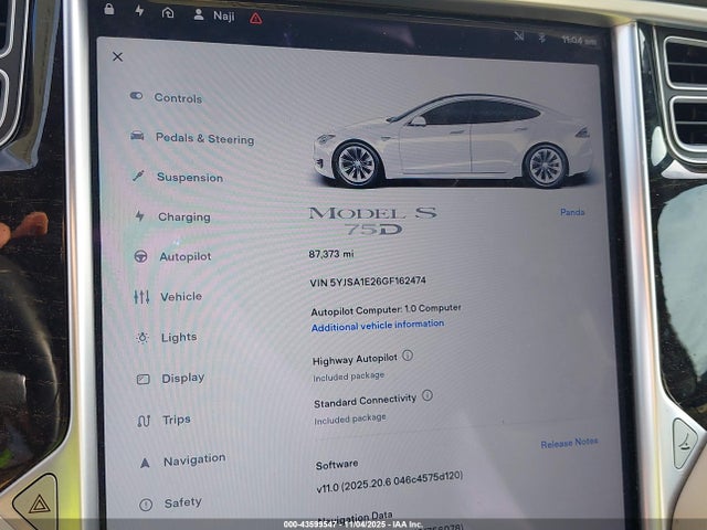 43599547 :رقم المزاد ، 5YJSA1E26GF162474 vin ، 2016 Tesla Model S 60d/70d/75d/85d/90d مزاد بيع