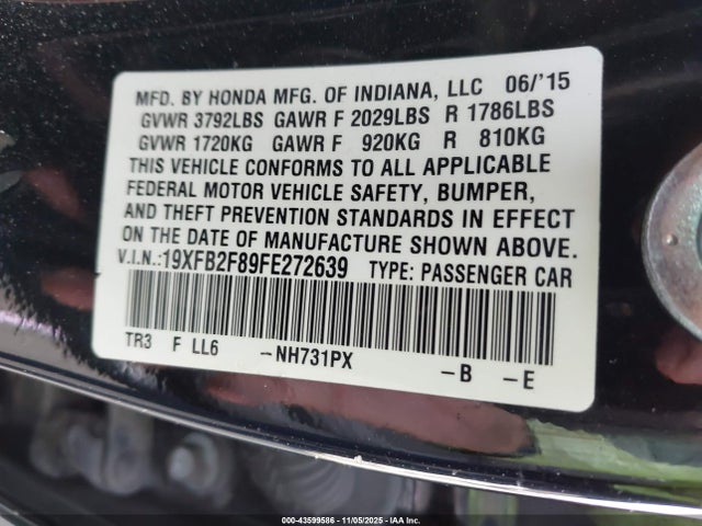 2015 HONDA CIVIC 19XFB2F89FE272639 Photo 8