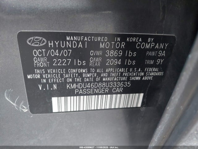 2008 HYUNDAI ELANTRA KMHDU46D88U333635 Photo 8