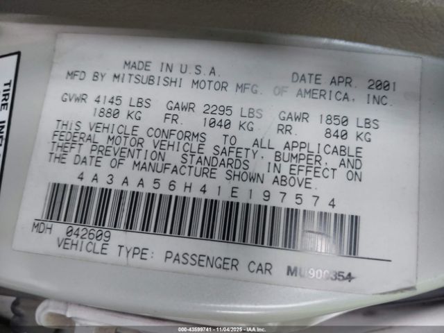 2001 MITSUBISHI GALANT 4A3AA56H41E197574 Photo 8