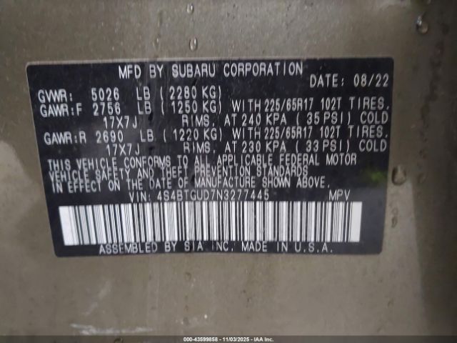 2022 SUBARU OUTBACK 4S4BTGUD7N3277445 Photo 8