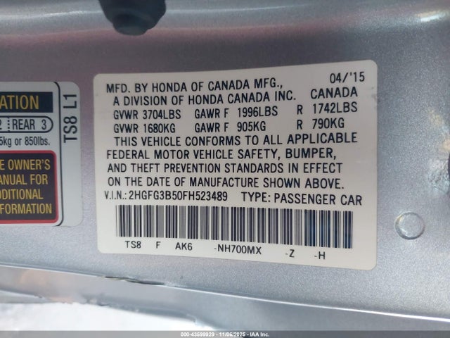 2HGFG3B50FH523489 Honda r18z1