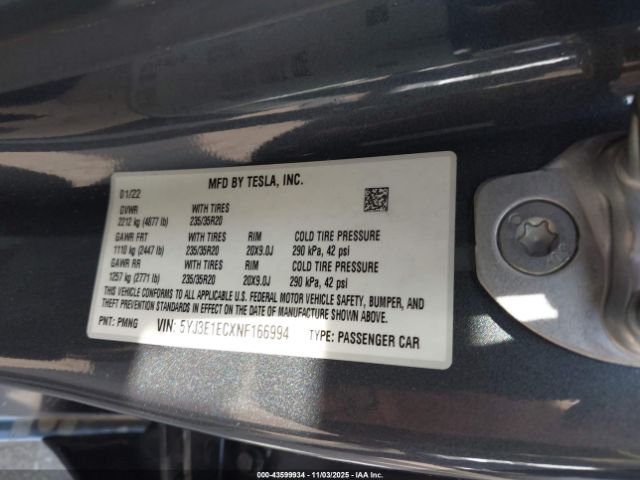 2022 TESLA MODEL 3 5YJ3E1ECXNF166994 Photo 8