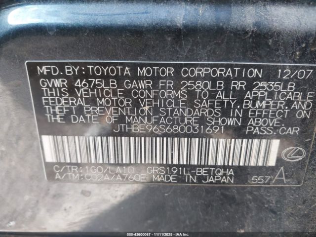 2008 LEXUS GS 350 JTHBE96S680031691 Photo 8