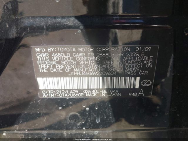 2009 LEXUS ES 350 JTHBJ46G692309604 Photo 8