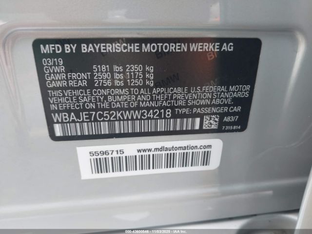 2019 BMW 540I WBAJE7C52KWW34218 Photo 8