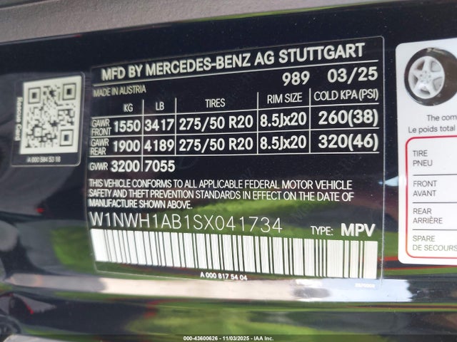 43600626 :رقم المزاد ، W1NWH1AB1SX041734 vin ، 2025 Mercedes-benz G 550 4matic مزاد بيع