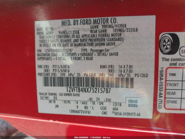 2007 FORD MUSTANG 1ZVFT84NX75215787 Photo 8