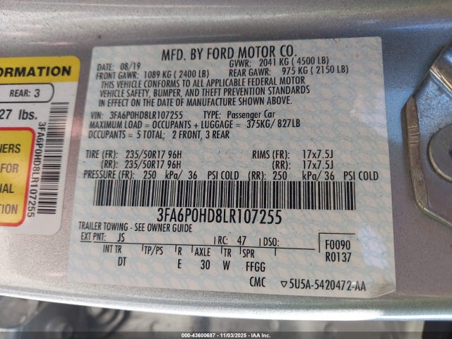 2020 Ford Fusion Se მანქანა იყიდება აუქციონზე, vin: 3FA6P0HD8LR107255, აუქციონის ნომერი: 43600687
