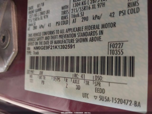 2019 FORD TRANSIT CONNECT NM0GE9F21K1392591 Photo 8