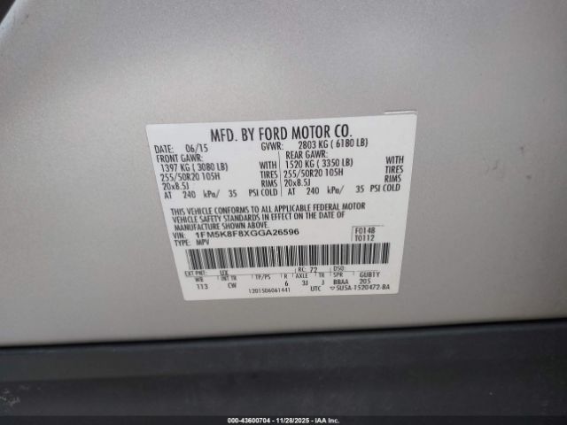 2016 FORD EXPLORER 1FM5K8F8XGGA26596 Photo 8