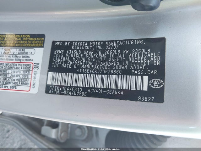 Auction sale of the 2007 Toyota Camry Le, vin: 4T1BE46K67U678860, lot number: 43600750