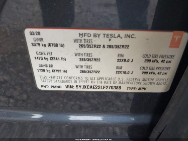 2020 TESLA MODEL X 5YJXCAE22LF270388 Photo 8