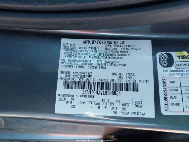 2012 FORD FUSION 3FAHP0HA2CR100834 Photo 8