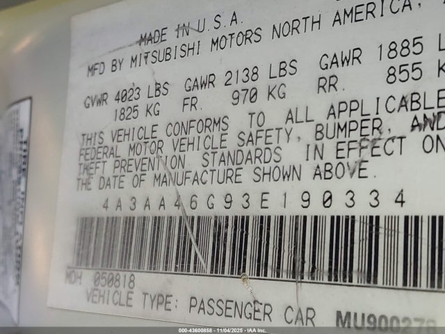 2003 MITSUBISHI GALANT 4A3AA46G93E190334 Photo 8