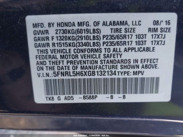 2016 HONDA ODYSSEY 5FNRL5H6XGB132134 Photo 8