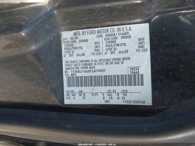 43601487 :رقم المزاد ، 1FMRU166XYLB19421 vin ، 2000 Ford Expedition Xlt مزاد بيع